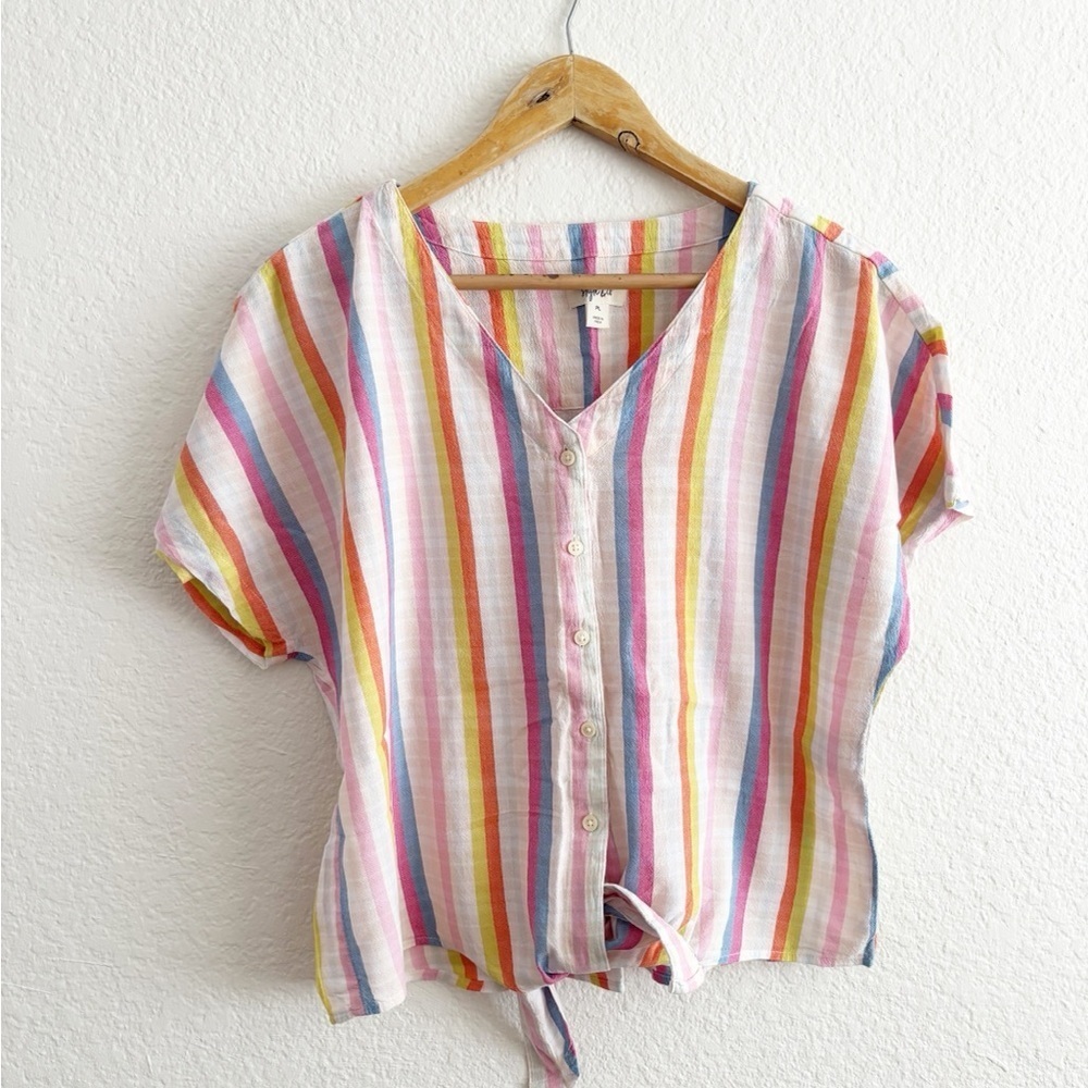 Style & Co. Pink and Purple Crop Tie Front Button Down Shirt